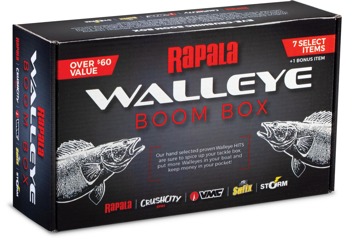 Rapala Walleye Boom Box, Walleye Fishing Kit, 7 Curated Baits,1 Bonus
